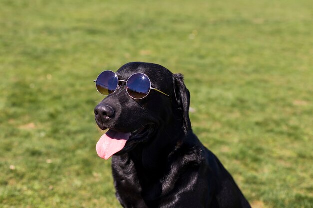Netter kleiner hund, der moderne sonnenbrille trägt, die auf dem sofa