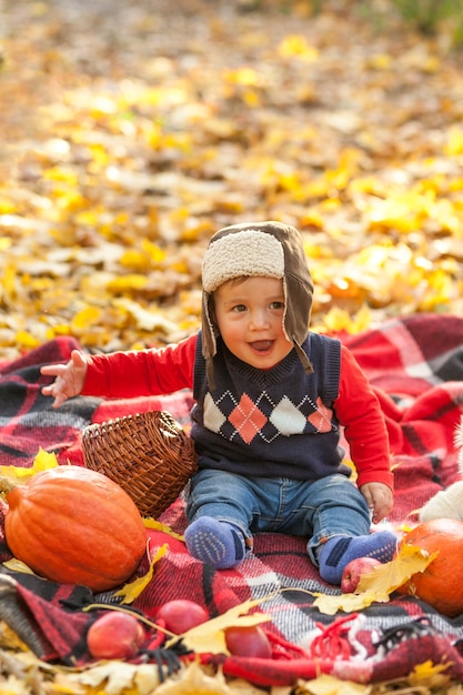 Kostenloses Foto glückliches baby mit der strickjacke, die auf einer decke sitzt