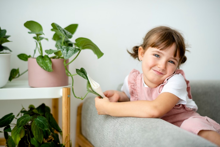 Kostenlose Foto glückliches kleines mädchen zu hause mit zimmerpflanzen