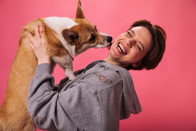 Glückliches Mädchen im grauen Kapuzenpulli spielt mit Corgi auf rosa Hintergrund. Hund leckt Cheeck der glücklichen Frau. Dame in guter Stimmung hält Haustier isoliert