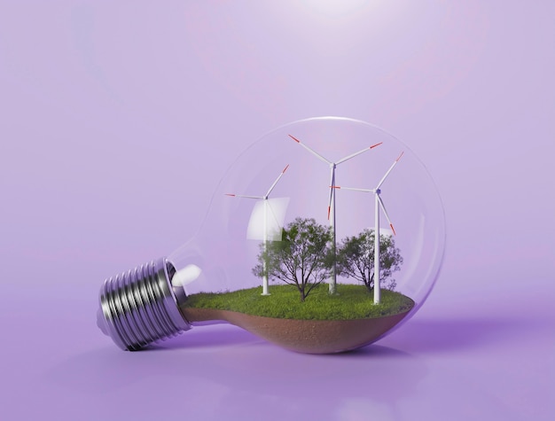 Kostenloses Foto glühbirne mit 3d-windmühlenprojekt zum energiesparen