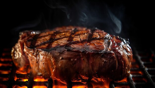 Glühende Flamme verkohlt ein Gourmet-Lendensteak, das perfekt von KI erzeugt wurde