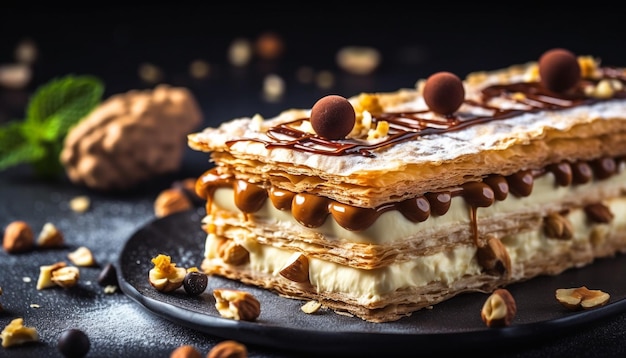 Kostenloses Foto gönnen sie sich ein gourmet-schokoladendessert auf rustikalem, von ki erzeugtem holz