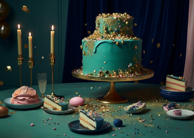 Goldelemente für Geburtstagsfeier und Kuchen