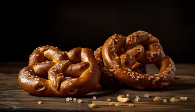 Kostenloses Foto golden gebackene brezeln auf rustikalem holztisch, generiert von ki