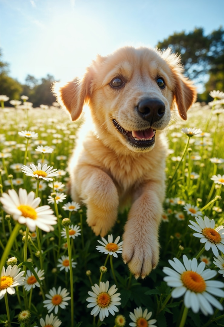 Kostenlose Foto golden retriever welpe auf einem gänseblümchenfeld