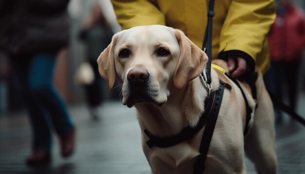 Kostenloses Foto golden retriever-welpe, der mit treuem besitzer im freien spazieren geht, generiert von ki