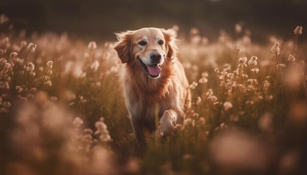 Golden Retriever Welpe spielt auf sonniger Wiese, generiert durch KI