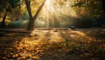 Kostenloses Foto goldene blätter schmücken den ruhigen wald im herbst, erzeugt durch ki