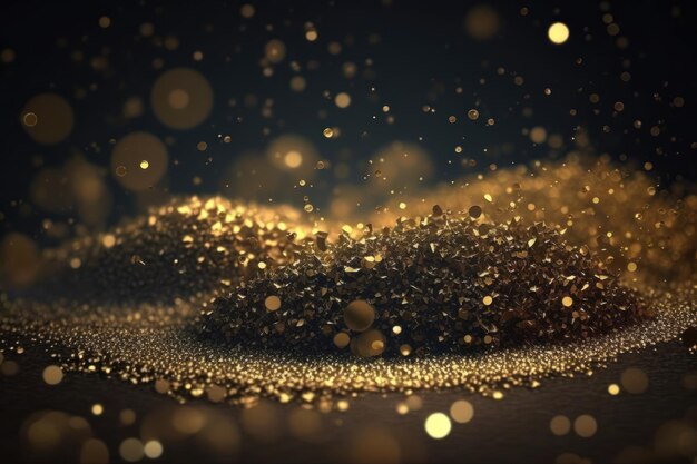 Goldene Glitzerlichter auf isoliert auf dunklem Hintergrund Goldglitter Staub defokussierte Textur Abstraktes funkelndes Partikel-Bokeh