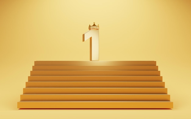 Goldene Nummer eins mit goldener Krone auf der obersten Etage für den Champion oder den Gewinner auf gelbem Hintergrund durch 3D-Rendering
