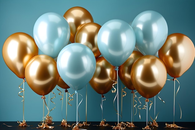 goldene und blaue Geburtstagsballons auf hellblauem Hintergrund