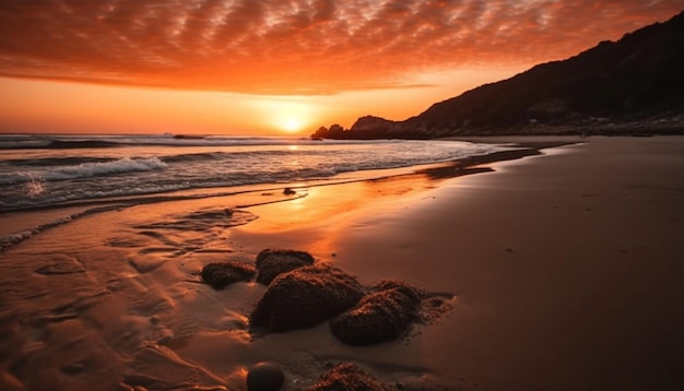 Goldener Horizont über den ruhigen Gewässern Asturiens Schönheit, erzeugt durch KI