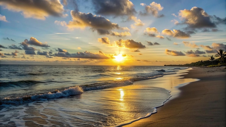 Kostenlose Foto goldener sonnenuntergang über ruhigen ozeanwellen an einem sandstrand