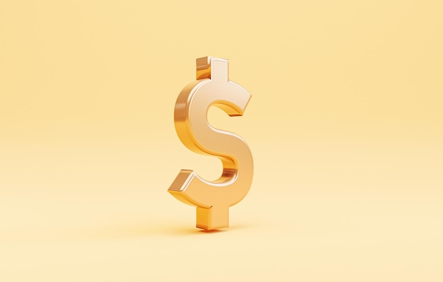 Goldener US-Dollar oder USD auf gelbem Hintergrund Dollar ist der wichtigste Währungsumtausch der Welt durch 3D-Rendering