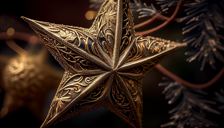 Kostenlose Foto goldener weihnachtsbaumzweig leuchtende sternfeier, die von ki generiert wird