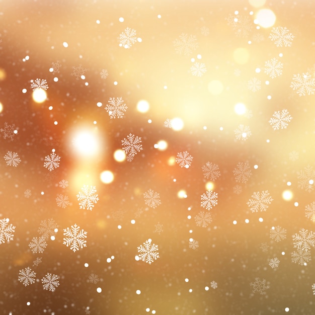 Goldener Weihnachtshintergrund mit Schneeflocken und Schnee