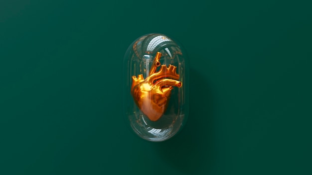 Goldenes anatomisches Herz in der Draufsicht des Glases