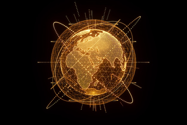 Goldenes, orangefarbenes hologramm des planeten erde aus punkten, die auf einer schwarzen wand isoliert sind. globalisierung, netzwerk, schnelles internet. kopieren sie den raum und rendern sie 3d-illustrationen in 3d.