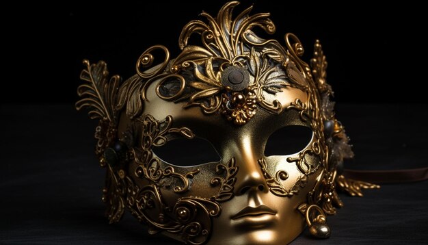 Goldfarbene, von KI generierte, kunstvolle Federdekoration der Maskerademaske