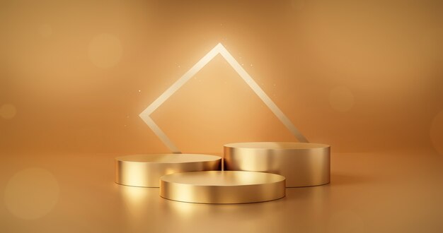 Goldpodium-produkt-werbebühnen-hintergrundplattform oder leere luxus-sockel-ausstellungsszene und leeres vorlagendesign stehen auf goldenem präsentationsstudio-display-hintergrund-schaufenster. 3d-rendering.