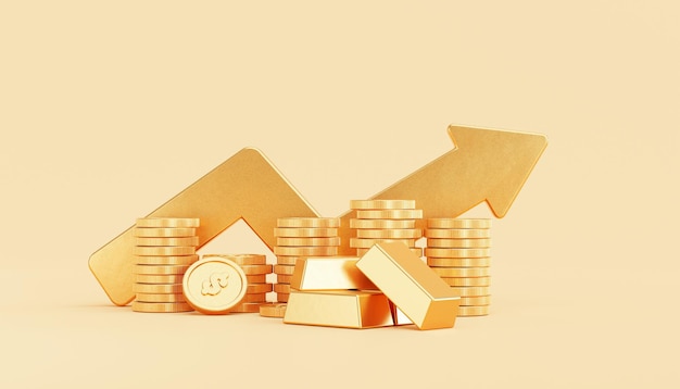 Goldwachsender Pfeil mit Goldmünzen-Geldstapeln und Goldbarrengeschäft und Finanzeinsparungen Anlagekonzept Hintergrund 3D-Darstellung