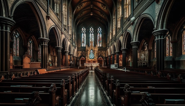Kostenloses Foto gotische kapelle mit altem buntglas und kirchenbänken, die von ki generiert wurden