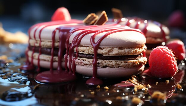 Gourmet-Dessert, frische hausgemachte Schokoladenmakrone mit Himbeere, erzeugt durch künstliche Intelligenz