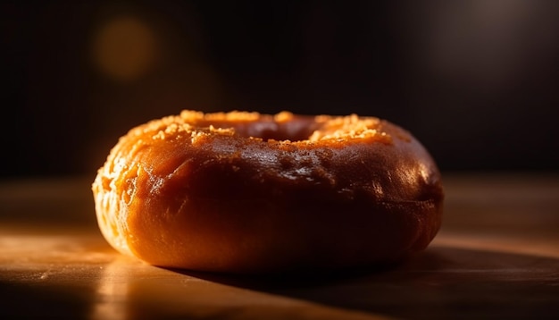 Gourmet gebackener Donut auf rustikalem Holztisch, generiert von AI