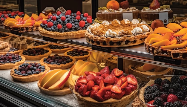 Gourmet-Obstkuchen mit frischen Beeren und Schokolade, generiert von KI