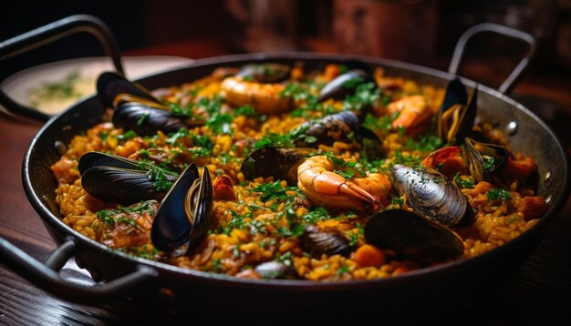 Gourmet-Paella mit frischen und gesunden Meeresfrüchten, die von KI erzeugt werden