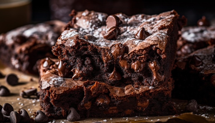 Kostenlose Foto gourmet-schokoladen-brownie-stapel auf rustikaler holzplatte, generiert von ki