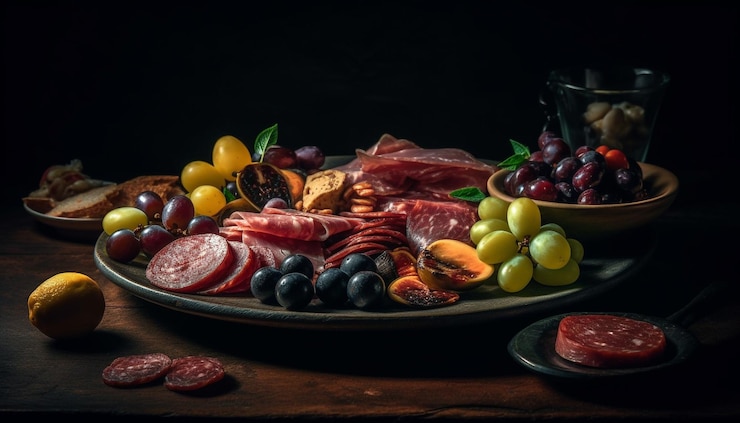 Kostenlose Foto gourmet-vorspeisenplatte prosciutto-salami-räucherfleisch, erzeugt durch ki
