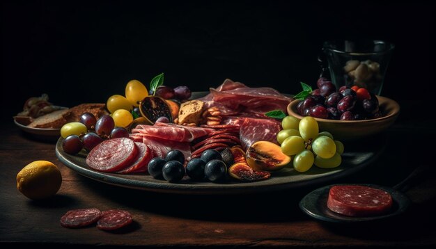 Gourmet-Vorspeisenplatte Prosciutto-Salami-Räucherfleisch, erzeugt durch KI