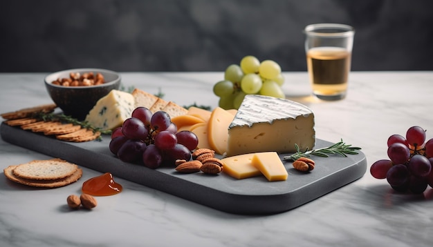 Kostenloses Foto gourmet-vorspeisentablett, käse, obst, brot, wein, generiert durch ki