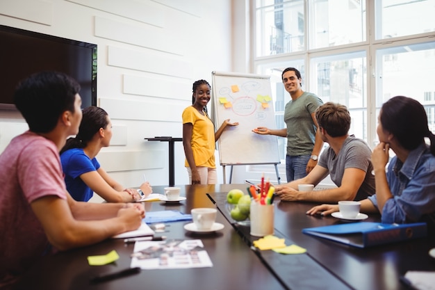 Grafikdesigner auf Whiteboard mit ihren Kollegen diskutieren