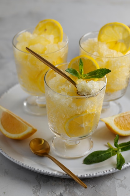 Granita-Dessert mit hohem Winkel und Zitronenstillleben