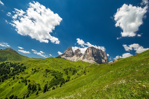 Grasige Hügel und Berge in der Ferne unter einem blauen Himmel