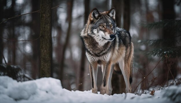 Grauer Wolf, der Schnee verfolgt und von KI generierten Polarfuchs beobachtet