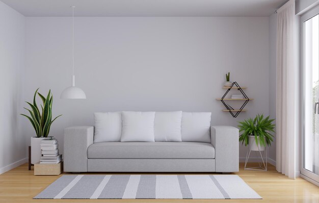 Graues Sofa im weißen Wohnzimmer mit Kopienraum