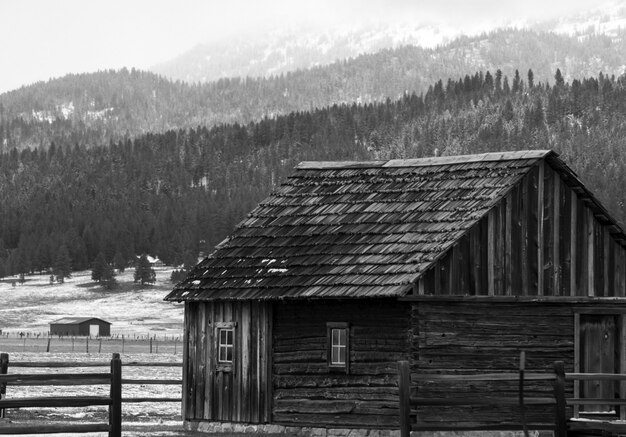 Graustufenaufnahme eines Holzhauses auf einem Bauernhof mit den baumbedeckten Hügeln