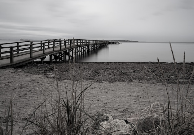 Kostenloses Foto graustufenaufnahme eines piers auf dem meer, umgeben vom strand unter einem bewölkten himmel