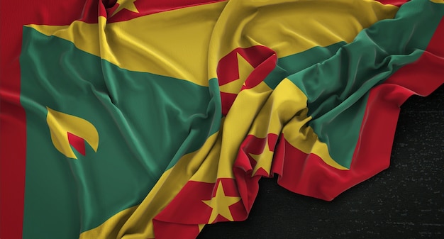 Grenada-Flagge, die auf dunklem Hintergrund verstreut ist 3D Render
