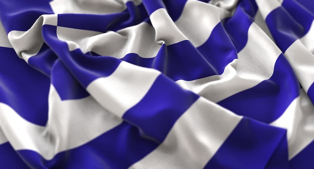 Griechenland Flagge gekräuselt Wunderschön Winken Makro Nahaufnahme Schuss