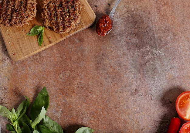 Grilleg Rindfleisch und Zutaten für Hamburger