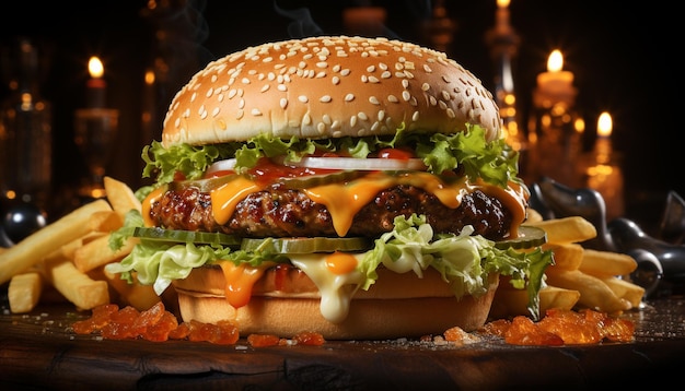 Kostenloses Foto grillter gourmet-cheeseburger auf einem dunklen holztisch, der von künstlicher intelligenz generiert wurde