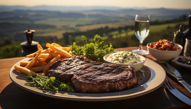 Grilltes Rindfleischsteak, frischer Salat und Wein auf einem Tisch im Freien, erzeugt durch künstliche Intelligenz