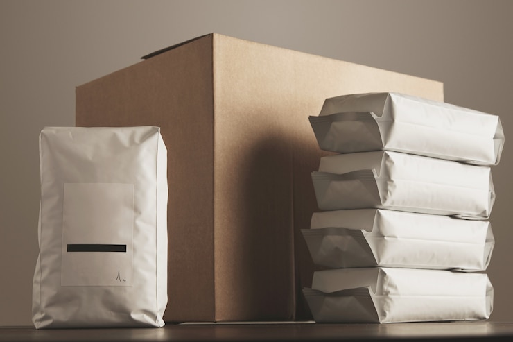 Kostenlose Foto große leere sperrige versiegelte verpackung mit produkt, das vor kartonbastelbox präsentiert wird