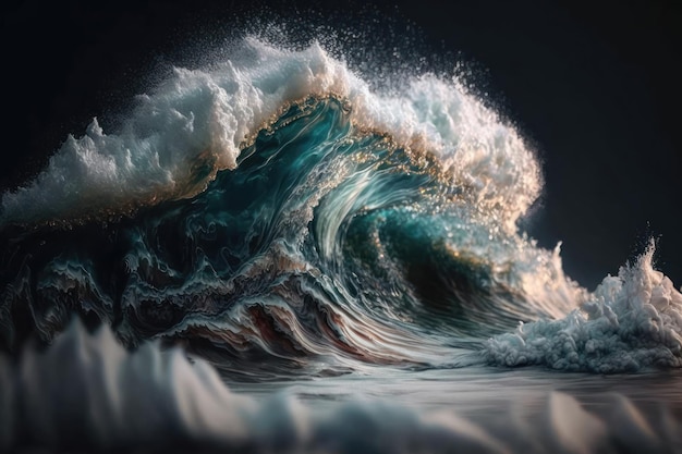 Große Wellen in einem stürmischen Ozean mit Sonnenstrahlen, die durch Wasser auf Sonnenaufgang oder Sonnenuntergang strömen, bewölkt sich im Hintergrund