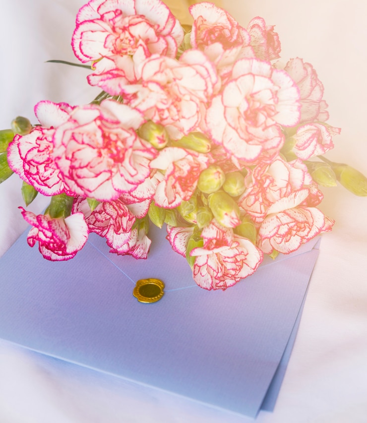 Kostenlose Foto großer blumenstrauß mit umschlag auf dem tisch